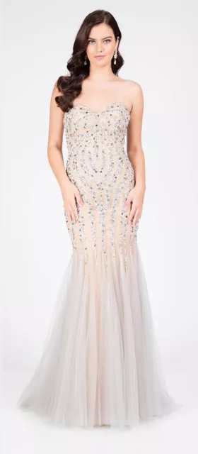 Reduced!! Terani Couture Nude/Silver Fully Beaded Prom Pageant Evening Gown Bnwt