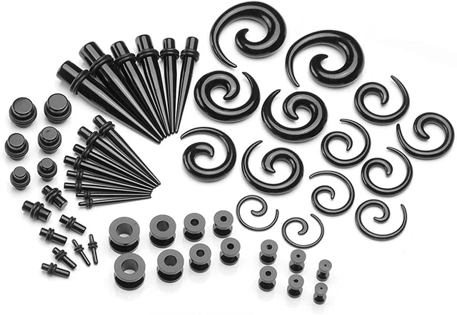 56Pcs 12G-00G Acrylic Tapers + Screw Tunnels + Plug with O Ring + Spiral Tapers