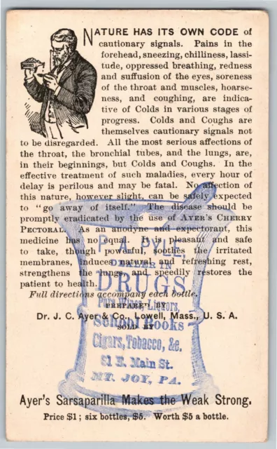 P.A. Pyle Drugs Mt. Joy, PA Victorian Trade Card Dancing Medicine Bottles Flags 2