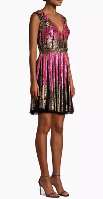 Aidan Mattox Pink Black Striped Beaded Sequin Cocktail Dress 2 New Years Holiday