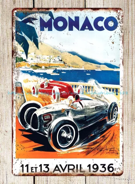 Cartel de acento pared Gran Premio de Mónaco carreras de coches 1936 hombre cueva estaño