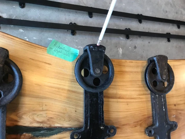 4 antique Medina Mfg Co. barn door rollers with track architectural salvage 5