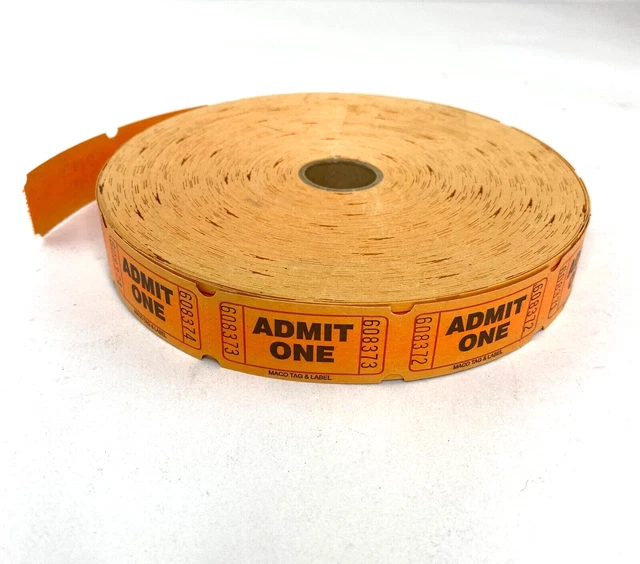 Numbered Admit One Tickets Partial Roll Orange Maco Tag & Label