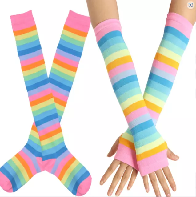 Women Girl Pink Rainbow colorful Stripe Fingerless Long Gloves Mittens OR Socks