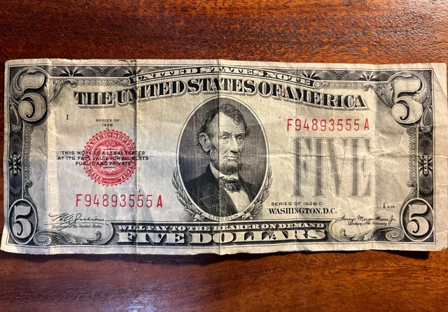 Series 1928 C - United States Of America $5 Five Dollar Red Seal Note.