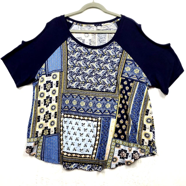 Est 1946 Floral Patch Work Tunic Top Blue 22 24W Short Sleeve Cold Shoulder