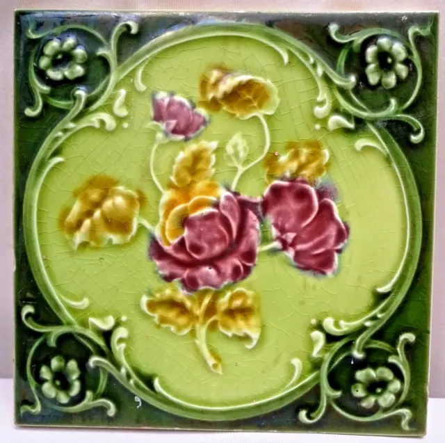 Antique Tile English Art Nouveau Majolica Ceramic Rose Flowers Motif Decorat#122
