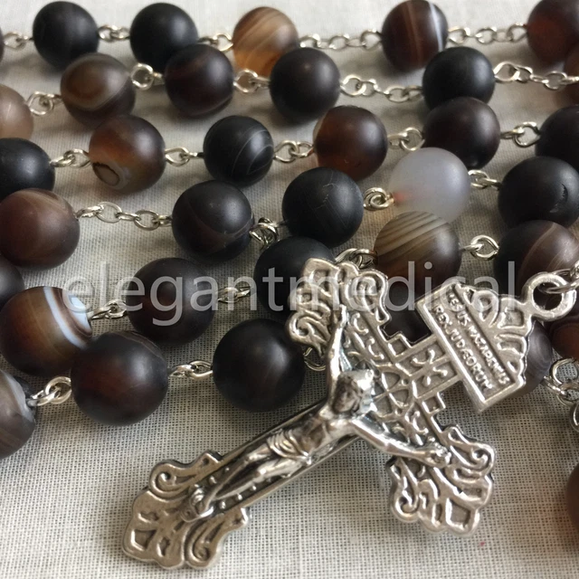 XL 10MM Natural Agate BEAD ROSARY & Pardon crucifix catholic NECKLACE Men's GIFT