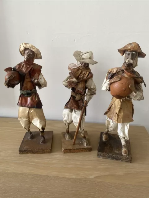 Vintage Mexican Folk Art Paper Mache Figures X 3 32cms H