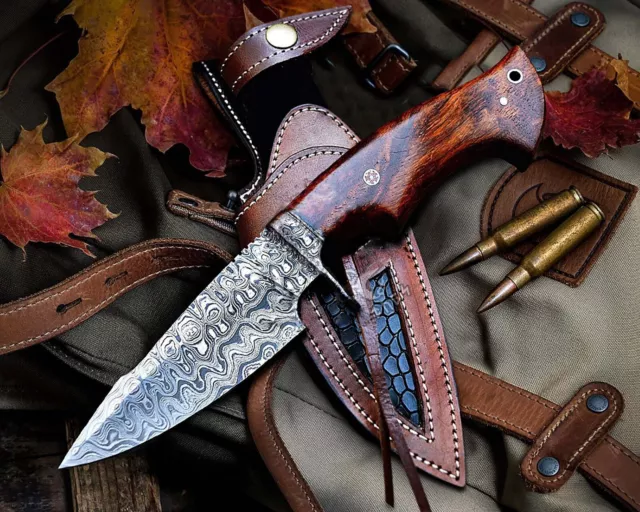 Custom Handmade Damascus Steel Bowie Hunting Knife Rose Wood Handle W/ Sheath 3