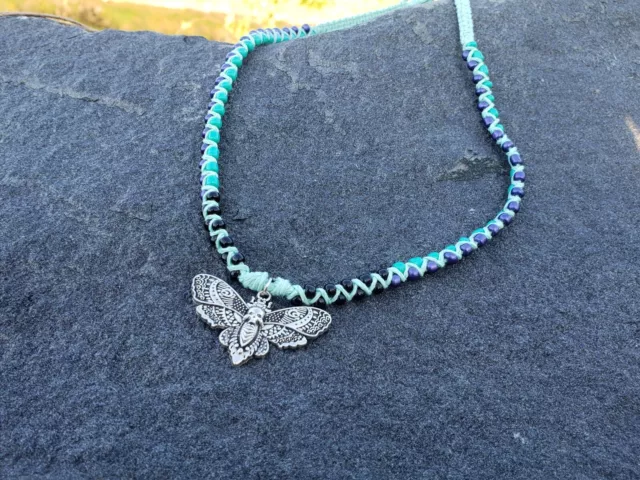 Handmade Hemp Death Moth Necklace With Glass Accent Beads