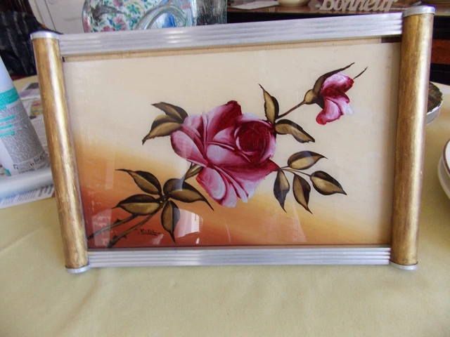 Broche En Bois Peint à La Main - Décor De Rose Signé - Vintage Et Unique