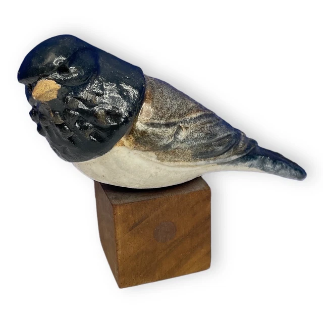 Painted Ceramic Bird Figurine Sparrow Junco Bird Small Wood Block Perch 4 Inch