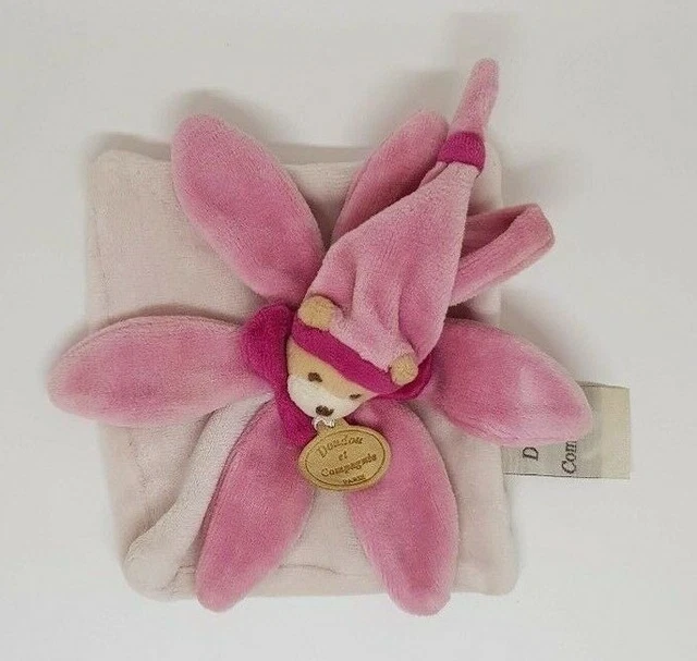 Petit Doudou et Compagnie carré Plat Collector Ours  pétale rose attache tétine