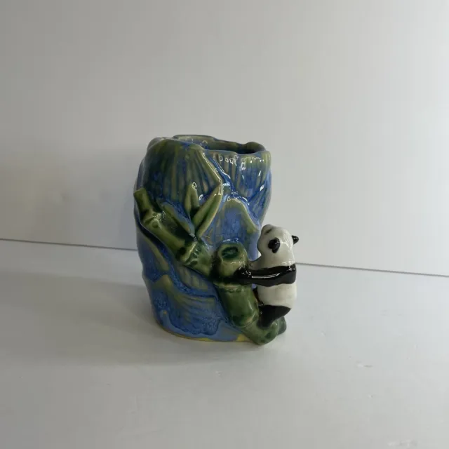 Vtg. Panda & Bamboo Blue Small Pottery Glazed Vase Planter Decor