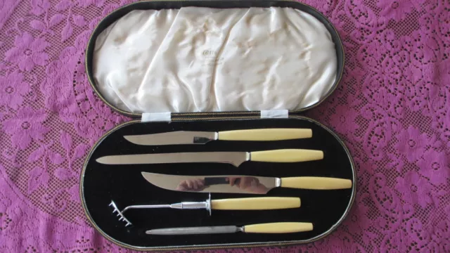 Vintage Cutlass  Faux Bone Handle CARVING Set 3x Knives  Tenderiser & Steel Case