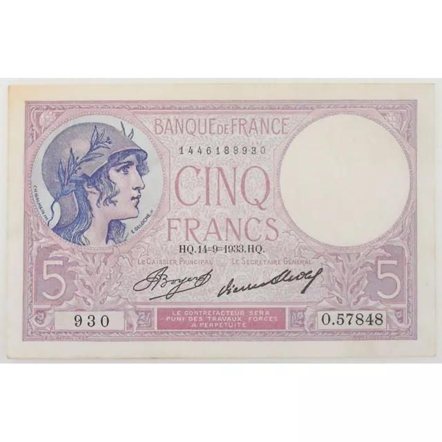 5 Francs Violet 14.9.1933 , O.57848, TTB+/SUP Billets France 5 Francs Violet ty