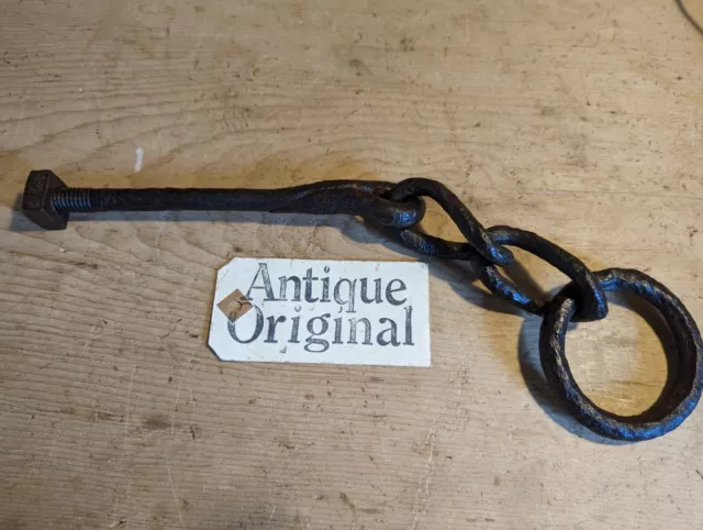 Antique Original Wrought Iron Tethering Ring on Chain & Threaded Pin~