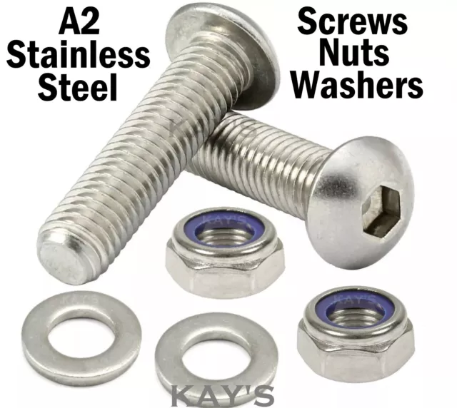 M4 M5 M6 Button Head Screws With Nyloc Nuts and Washers A2 Stainless Steel Bolts