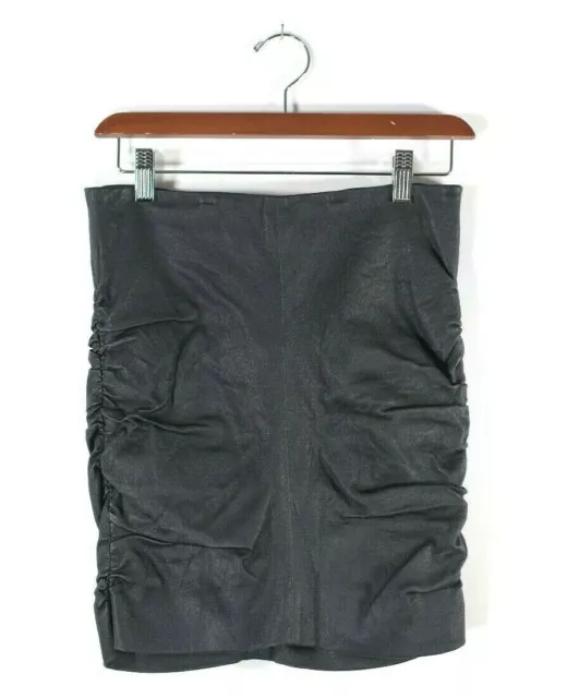 The Row Womens Size Small Black Mini Skirt Leather Ruched Pencil Hidden Zipper
