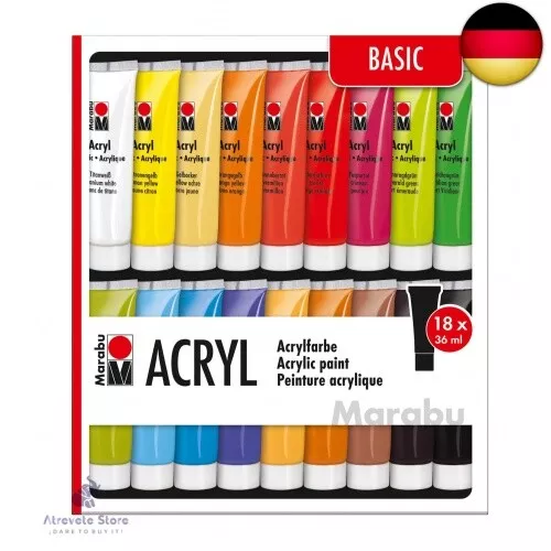 Marabu 1210000000201 - Acrylfarben Set Basic, mit 18 x 36 ml Farbe, auf