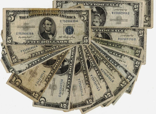 Random Series 1953 $5 Five Dollar Silver Certificates Lower Grade Condition