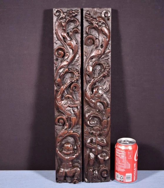 *Pair of 19" Tall French Antique Solid Oak Wood Figures/Trim Posts Salvage