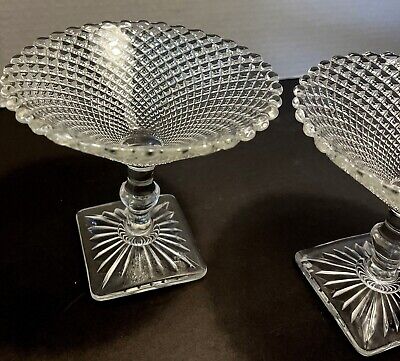 Pair VTG Anchor Hocking Miss America Diamond Cut Depression Clear Glass Compotes