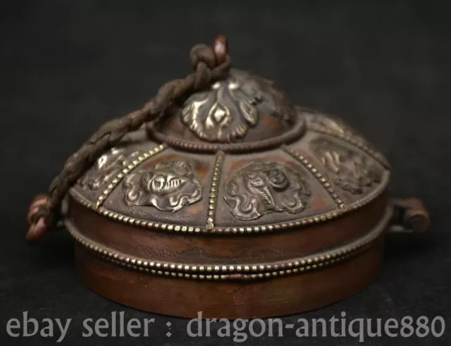 3.6" Old Tibet Copper Silver Auspicious Eight Treasures Jewelry Storage Box
