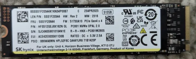 SK Hynix 512GB BC711 M.2 2280 PCIe NVMe SSD, HFS512GEJ9X162N, Gen4 x 4, OPAL 2.0