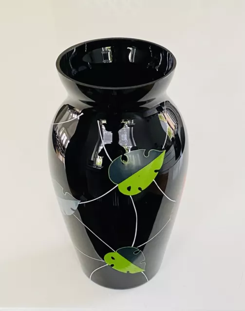 50 er Jahre Schwarze Glas  Vase Hyalithglas Schwarzglas Emaillebemalung 3