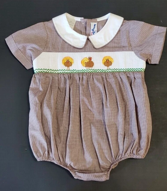 Boys 12 Months Thanksgiving Turkey Hand Smocked Silly Goose Brand Romper READ