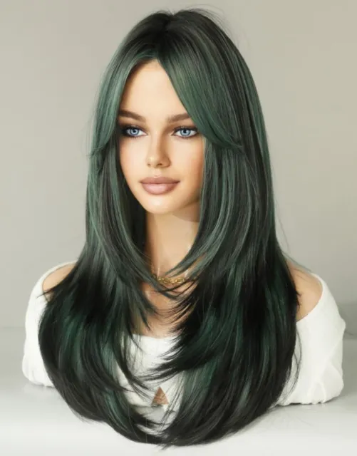 Perruque Synthétique Noir Et Verte Lisse Longue Wig Femme Avec Frange +1 Bonnet