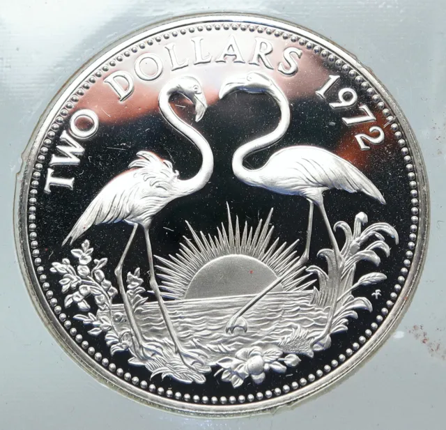 1972 The BAHAMAS Elizabeth II FLAMINGO Birds PROOF SILVER 2 Dollars Coin i85539