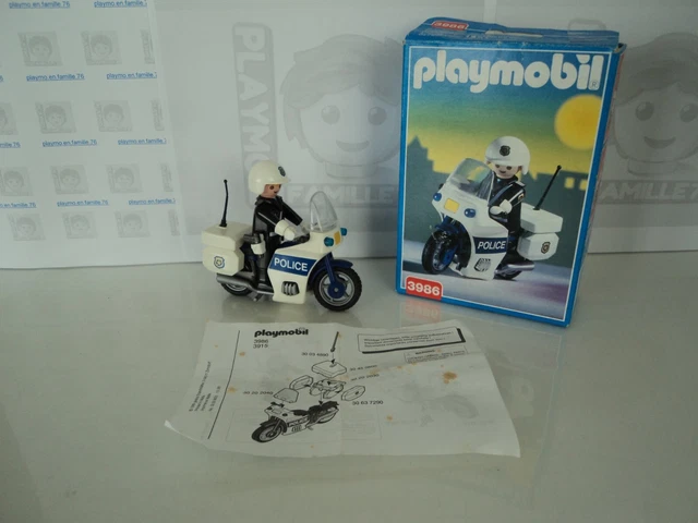 PLAYMOBIL vintage police moto blanche policier motard set 3986 de 1998 / boîte