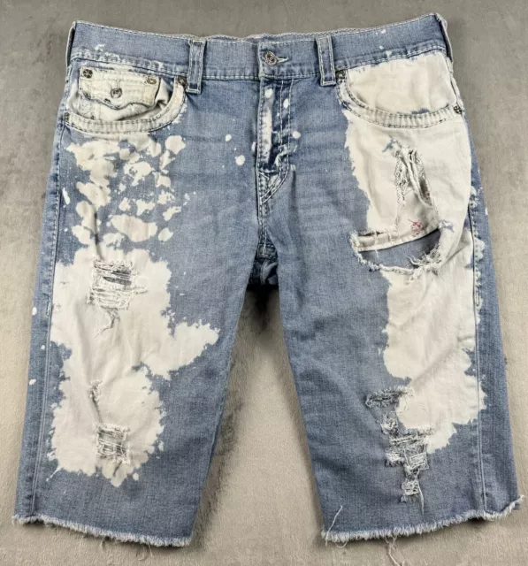 True Religion Cut Off Shorts Mens 36 Blue Jeans 14” Bleached Destroyed Zip Y2K