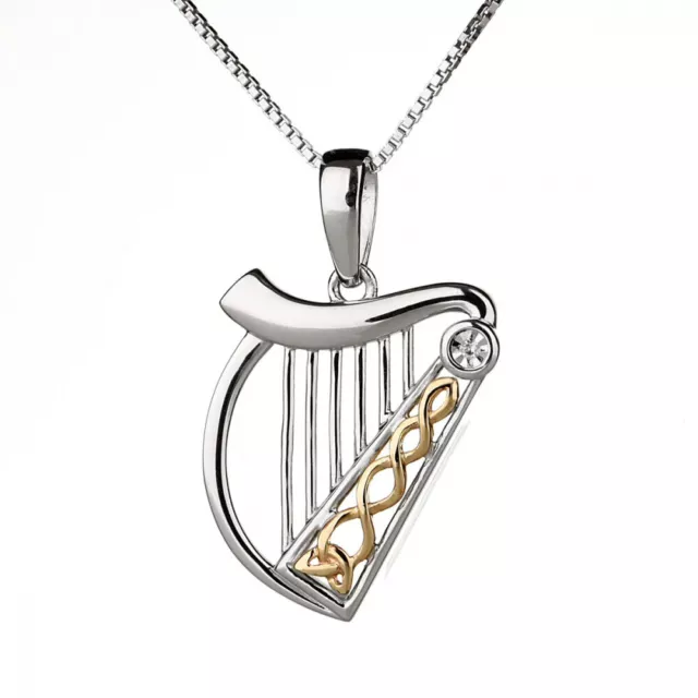Diamond Irish Harp - fein gearbeitete irische Harfe mit Diamant - 10K Gold & Ste