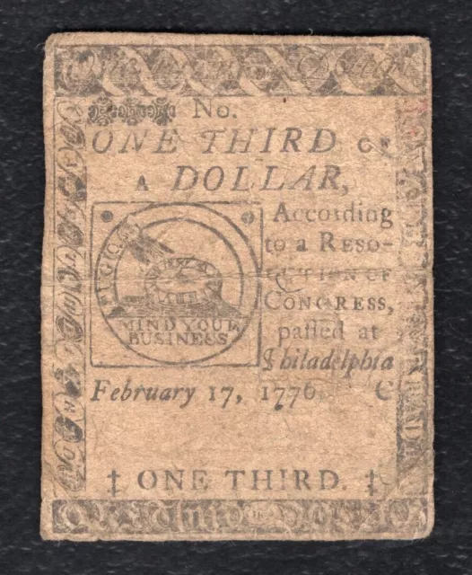 Cc-20 February 17, 1776 $1/3 One Third Dollar Continental Currency Note (G)