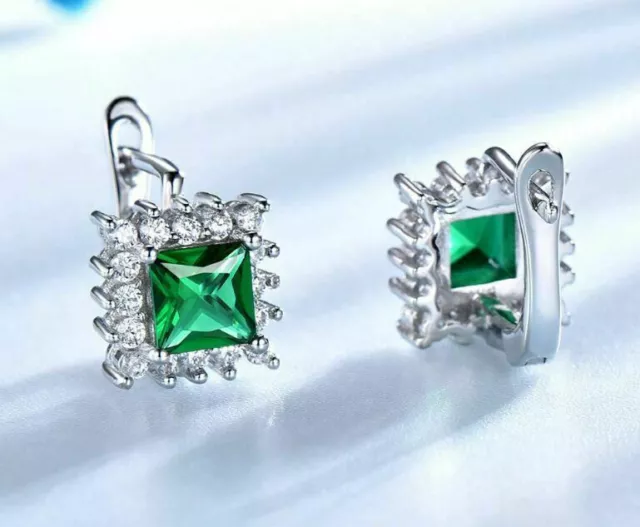 2CT PRINCESS CUT Lab Created Green Emerald Hoop Earrings 14K White Gold ...