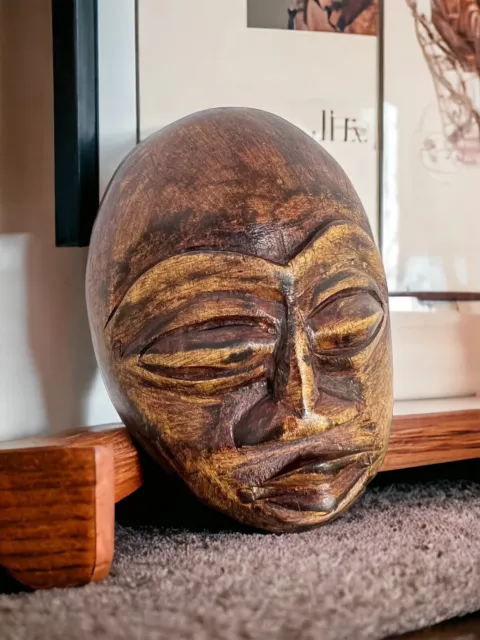 Vintage African Tribal Hand Carved Wood Face Mask Wall Folk Art Hanging 5” x 4”