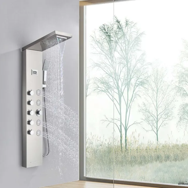 Sistema de torre de panel de ducha chorro de masaje lluvia y cascada con spray manual níquel cepillado