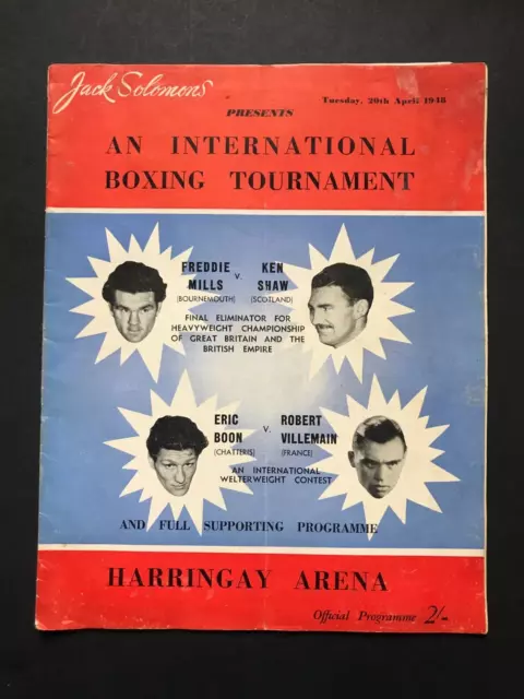 1948  International Boxing Programme Freddie Mills Ken Shaw Eric Boon Villemain