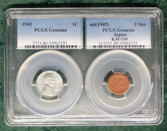 1945 Japan Clay 1 Sen & 1943 Lincoln Steel Cent, PCGS Genuine WWII 2-Coin Set