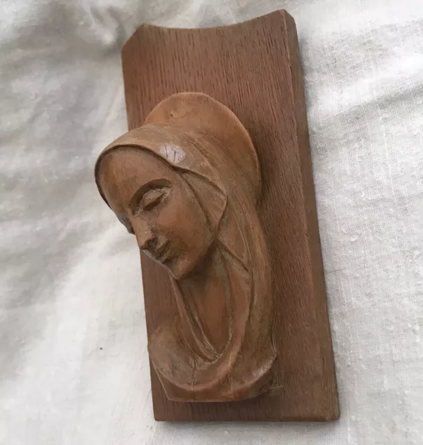 Vintage Wood Wall PLAQUE Hand Carved Cameo Virgin Mary High RELIEF Bust Statue 9