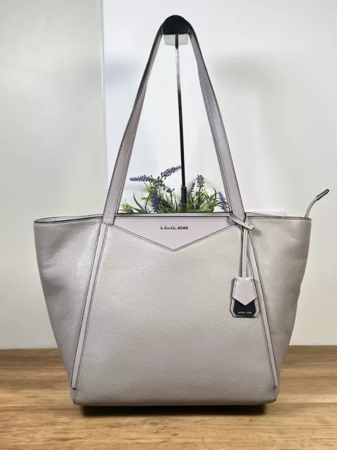 MICHAEL KORS LARGE Grey Lilac Trim Pebbled Leather Shoulder Tote