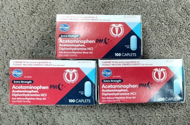 Lot Of 3 Kroger Brand Acetaminophen PM 100 Caplets Ea. Compare to Tylenol PM