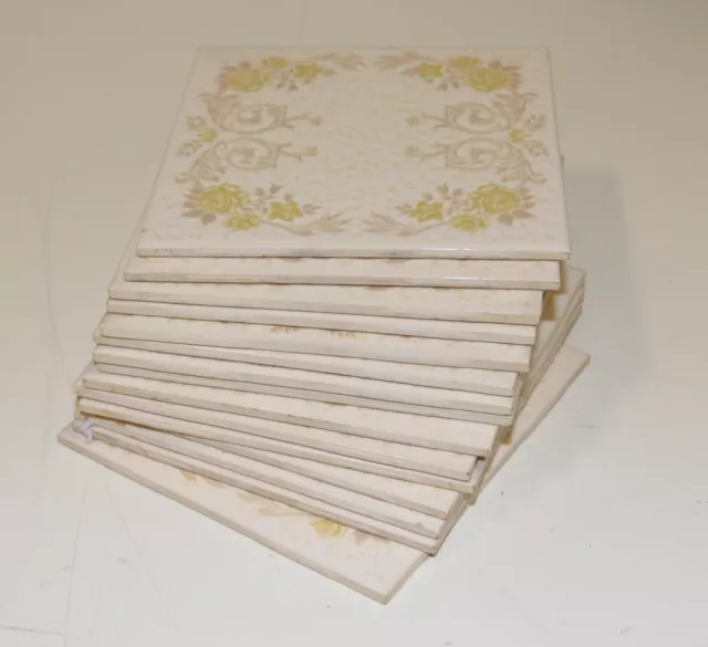 LOT OF (14) -Vintage MARCA INCEPA YELLOW Floral Glazed Porcelain Tiles - Brazil