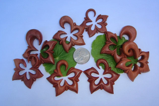 Pair Organic Sawo Wood Star Flower Tribal Floral Spirals Ear Expander Plug Gauge 2
