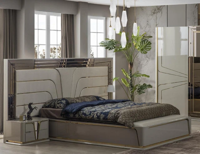 Ensemble Chambre à Coucher Lit Double Luxe Lit Moderne Beige Set 3tlg Neuf