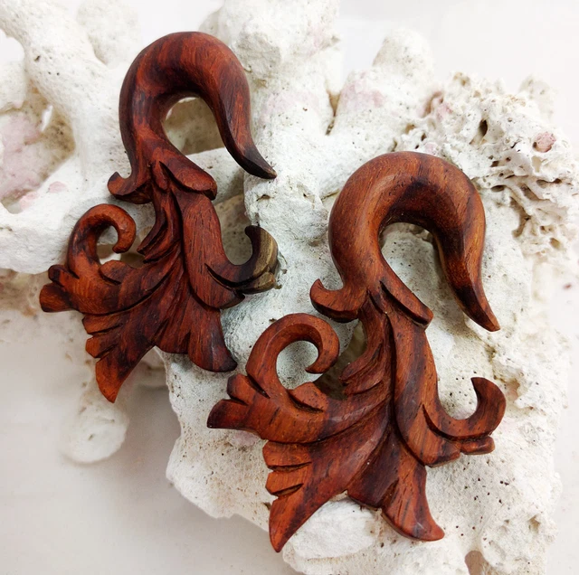 Pair Organic Sono Wood Floral Curled Tribal Ear Gauge Plug Handmade Hook 8G-5/8"